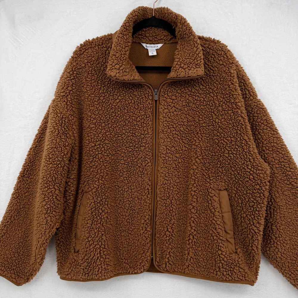 Athleta Brown Sherpa Fleece Full Zip Jacket XL Teddy Cozy Cabincore Fall